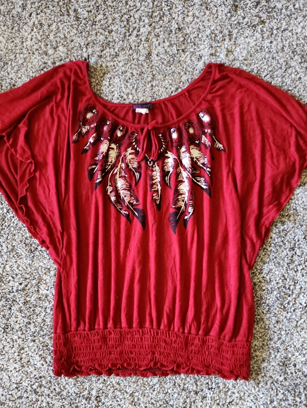 Women's Red Feather-Print Short Sleeve Top Agenda Sz L Smocked Waist